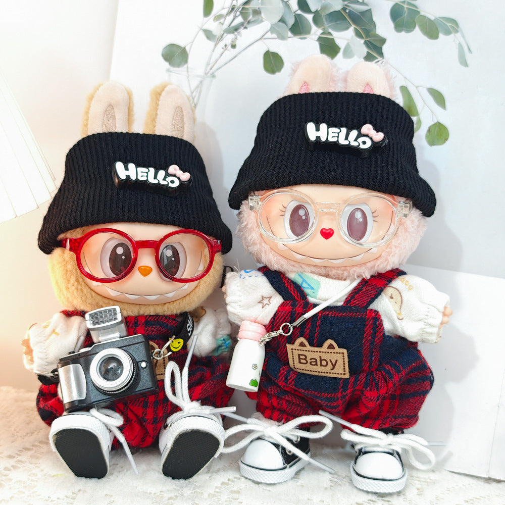 Labubu Doll Outfit - Red Plaid Overalls 3-Piece Set & Accessories
