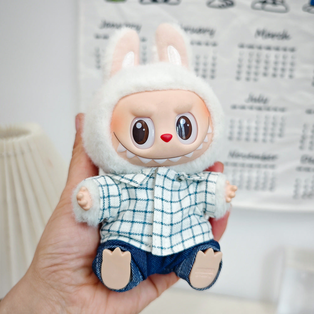 17cm Labubu Doll LABUBU Sit Party Second and Third Generation Vinyl Doll Clothes Plaid Shirt suit Hat