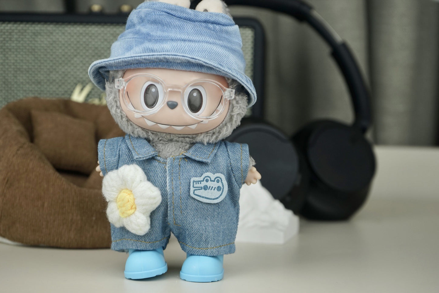 Labubu 17cm Denim Jumpsuit Outfit Set with Hat