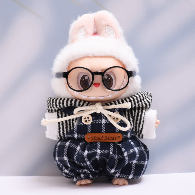 Labubu Doll Black Plaid Overalls & Hoodie Outfit for 1st & 2nd Gen Pendants