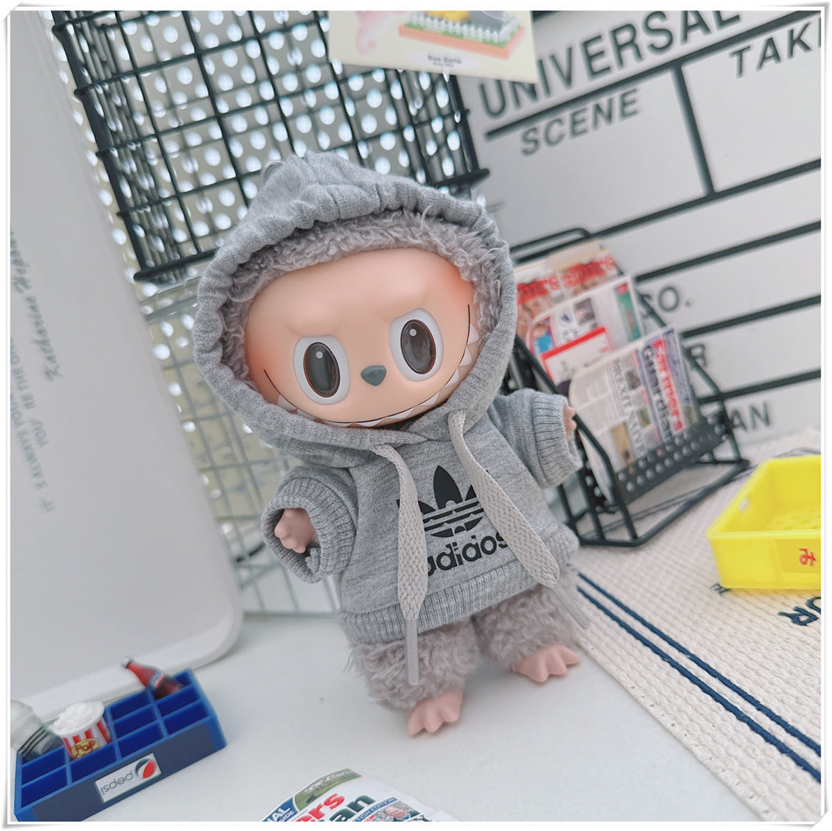 Labubu Doll Outfit - Stylish Denim Overalls & Checkered Bucket Hat for 17cm & 10cm Labubu