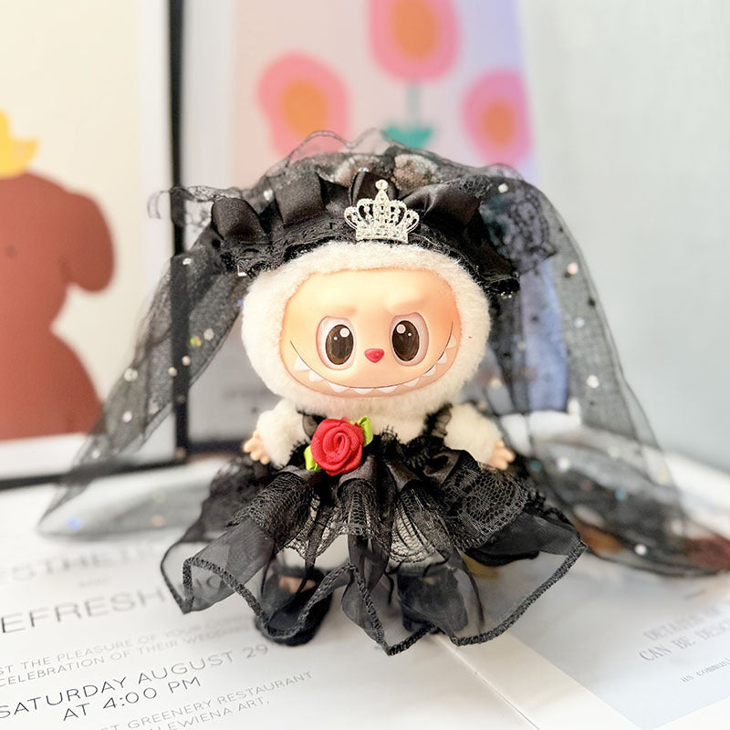 17cm Labubu Doll Wedding Dress Outfit - Black & White Rose Style