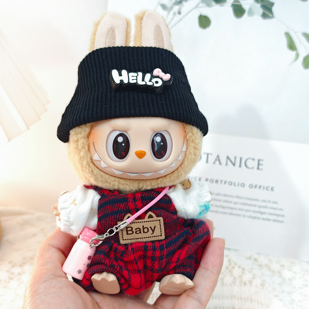 Labubu Doll Outfit - Red Plaid Overalls 3-Piece Set & Accessories