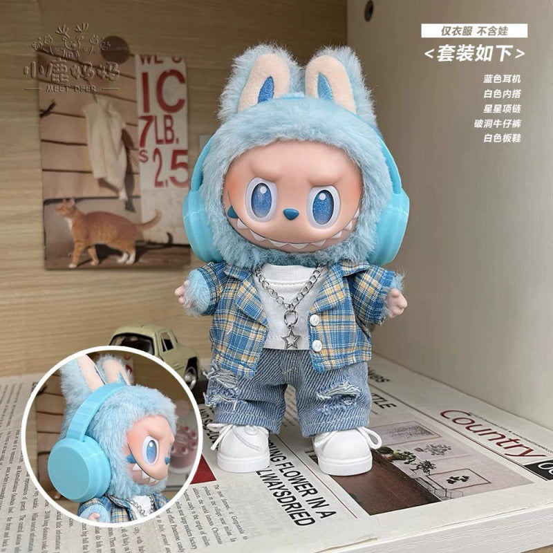 Labubu Doll Outfit - Blue Denim Gingham Set for 17cm Vinyl Doll