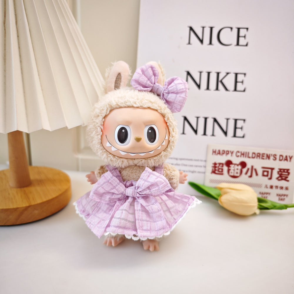 Labubu Doll Outfit - 17cm Plaid Suspenders Skirt & Headband Set