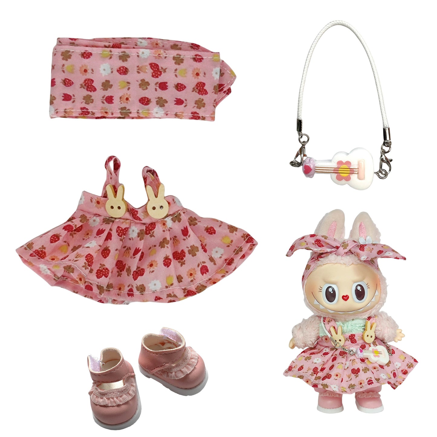 Labubu Doll Floral Skirt Outfit with Headband & Shoes for 1st/2nd Gen