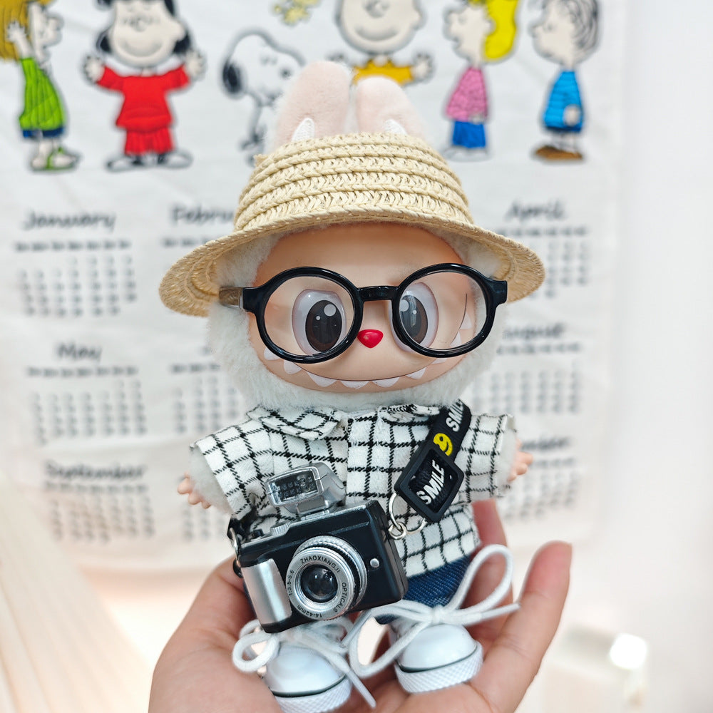 17cm Labubu Doll LABUBU Sit Party Second and Third Generation Vinyl Doll Clothes Plaid Shirt suit Hat