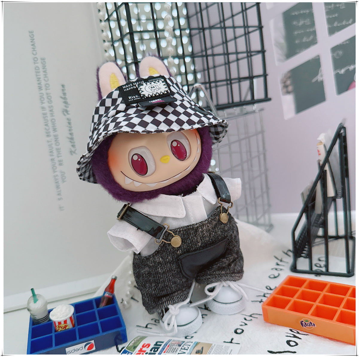Labubu Doll Outfit - Stylish Denim Overalls & Checkered Bucket Hat for 17cm & 10cm Labubu