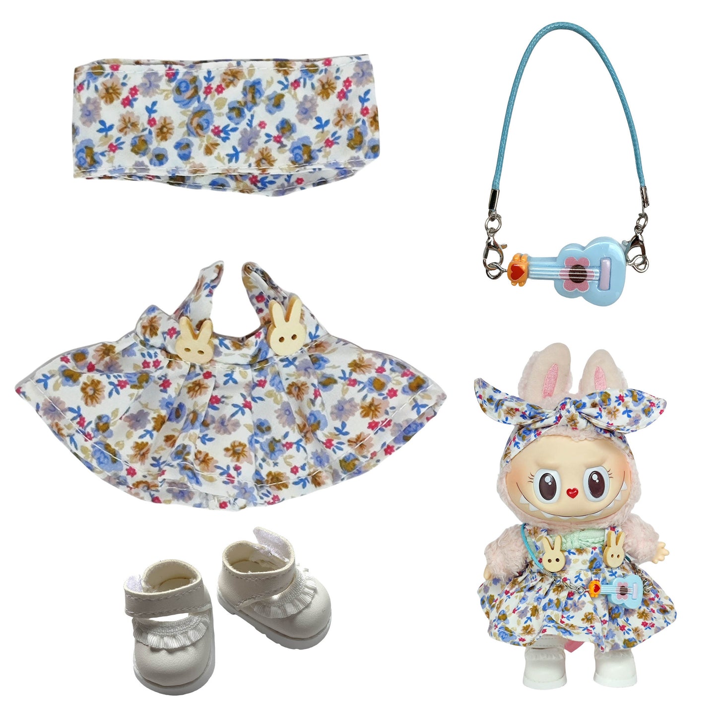 Labubu Doll Floral Skirt Outfit with Headband & Shoes for 1st/2nd Gen