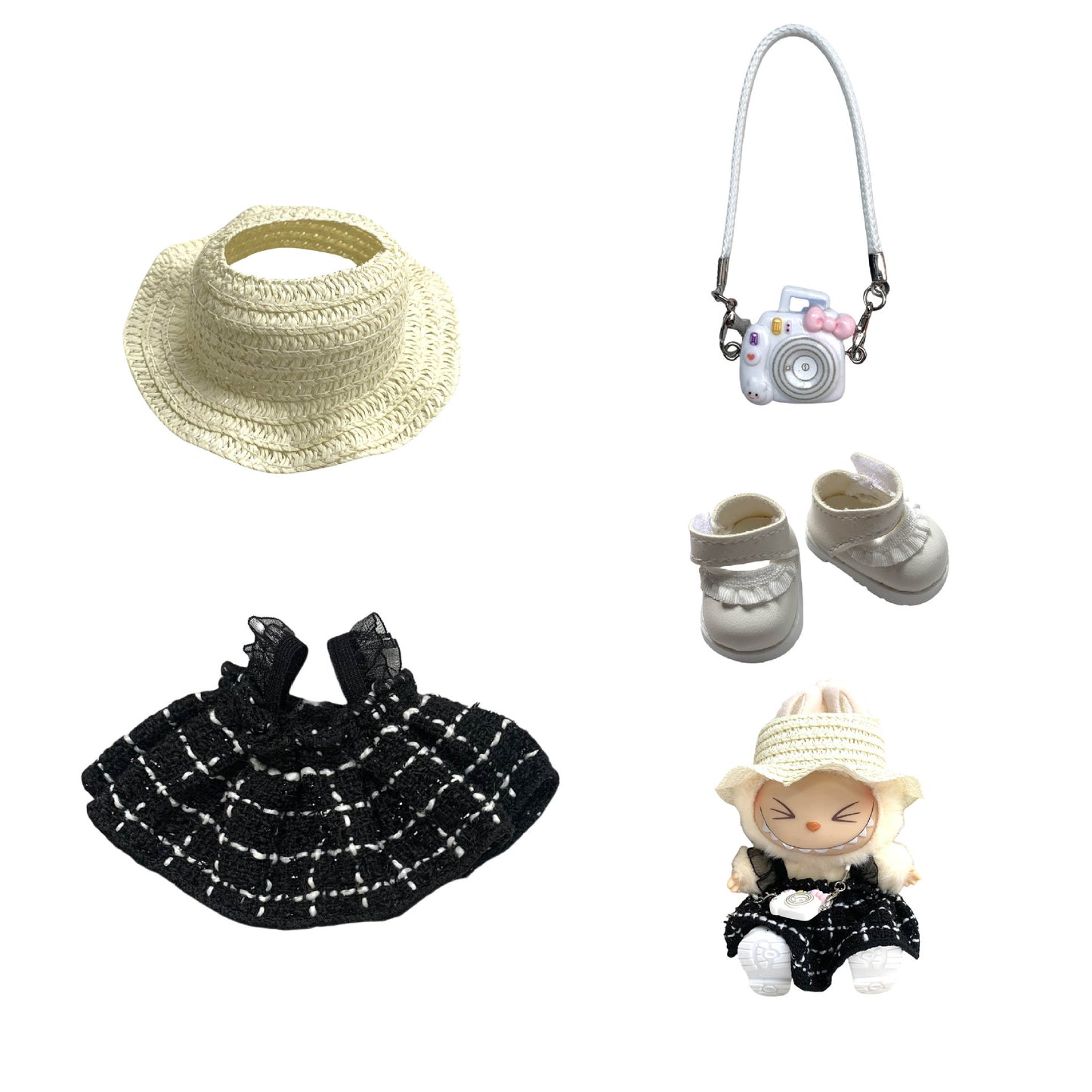 Labubu Doll Chanel Style Strap Dress Outfit for 15/17cm Dolls