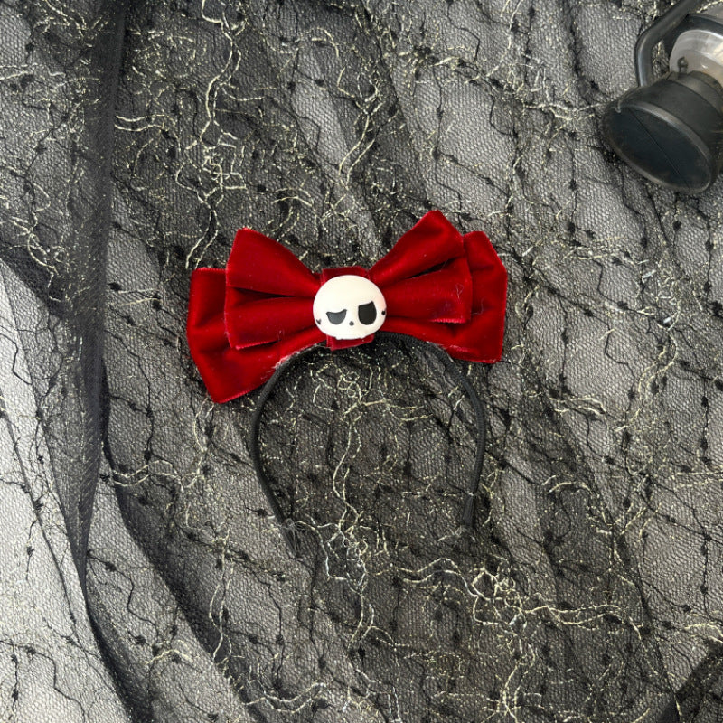 Labubu Velvet Bow Headband - Black & Red Hand Painted Hair Accessories