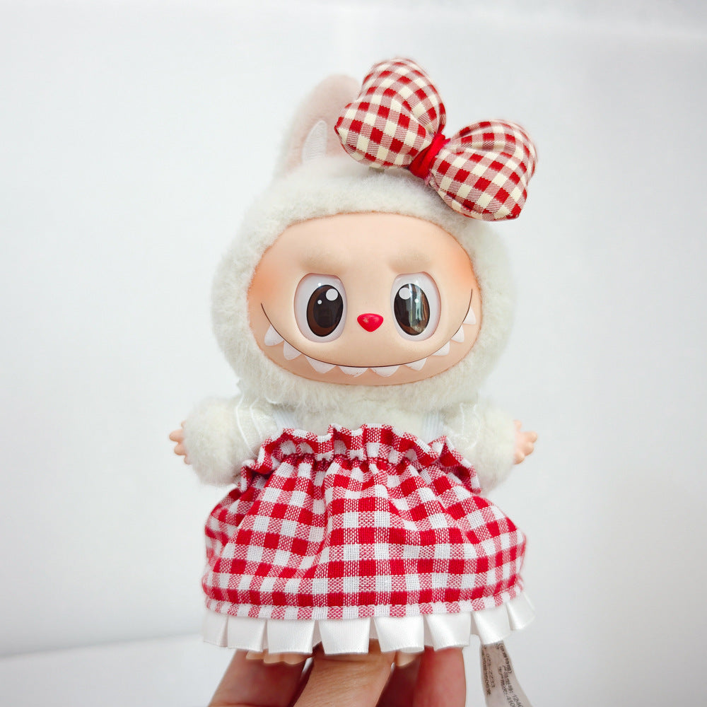 Labubu Doll Outfit - Red Plaid Skirt & Straw Hat for 17cm Vinyl Doll