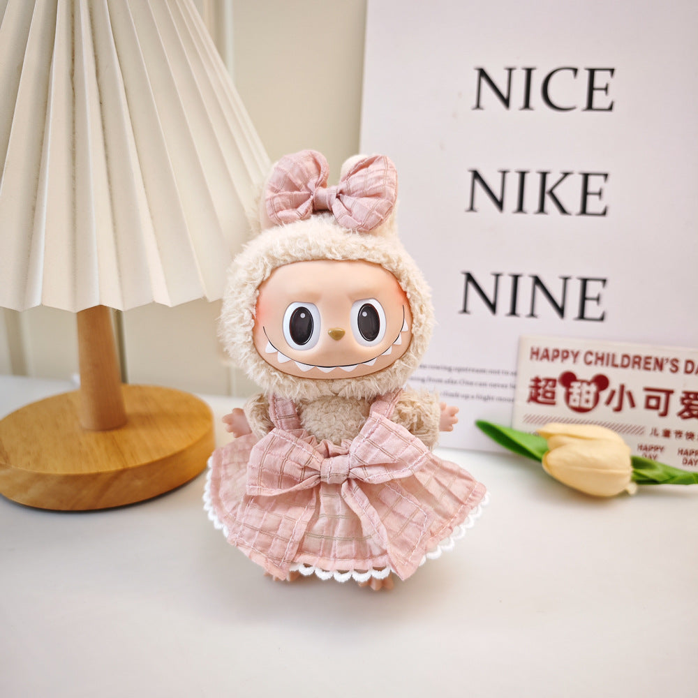 Labubu Doll Outfit - 17cm Plaid Suspenders Skirt & Headband Set