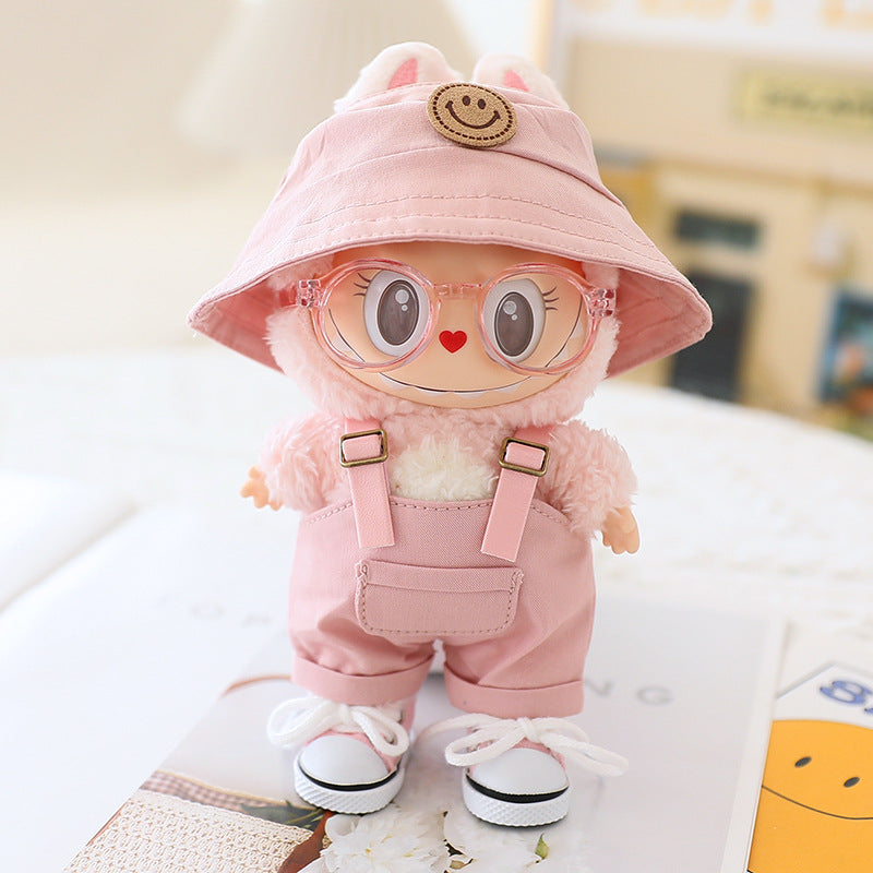 The first and second generation labubu sit party doll clothes the third generation cola vinyl blind box clothes fisherman hat suspenders pants suit