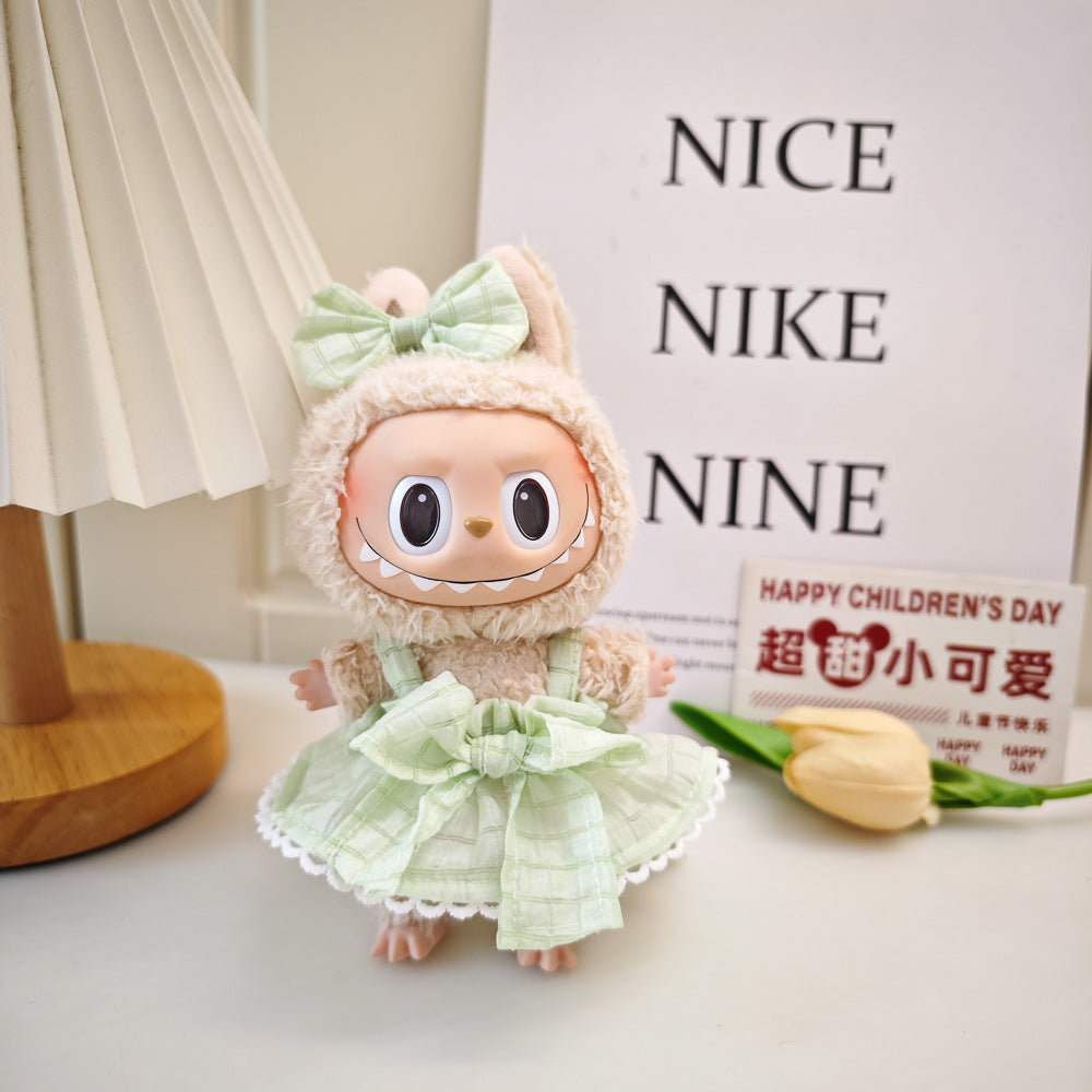 Labubu Doll Outfit - 17cm Plaid Suspenders Skirt & Headband Set