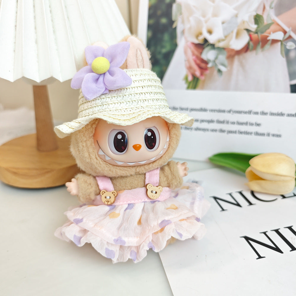Labubu Doll Summer Outfit with Straw Hat & Accessories for 15cm Vinyl Doll