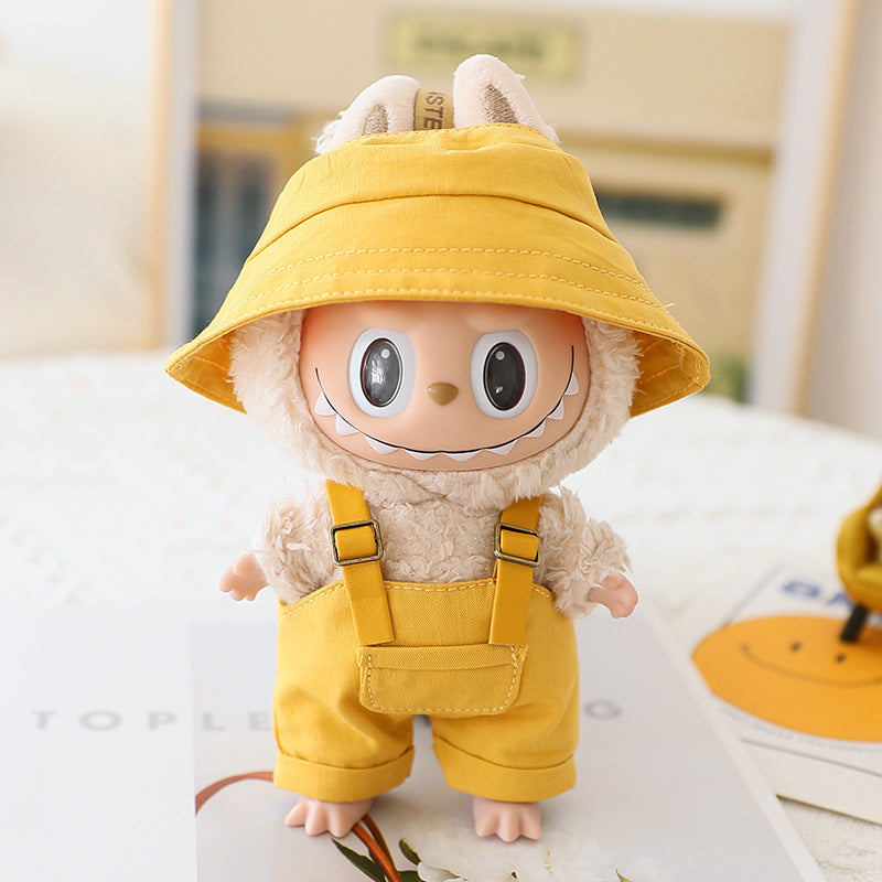 The first and second generation labubu sit party doll clothes the third generation cola vinyl blind box clothes fisherman hat suspenders pants suit