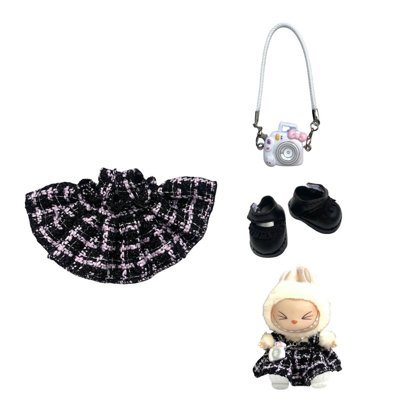 Labubu Doll Chanel Style Strap Dress Outfit for 15/17cm Dolls