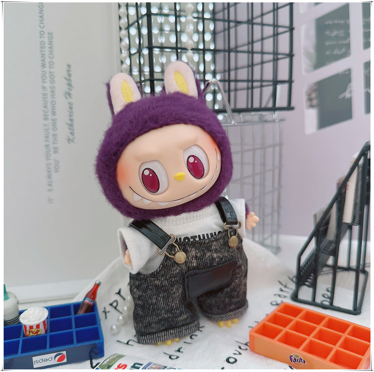 Labubu Doll Outfit - Stylish Denim Overalls & Checkered Bucket Hat for 17cm & 10cm Labubu