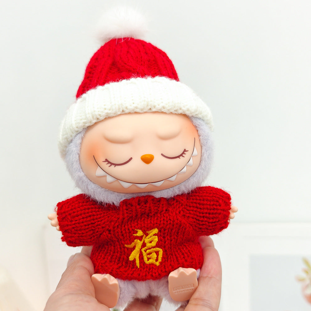 Labubu Doll New Year Red Sweater & Lucky Hat Outfit for 15-17cm Pendant Doll