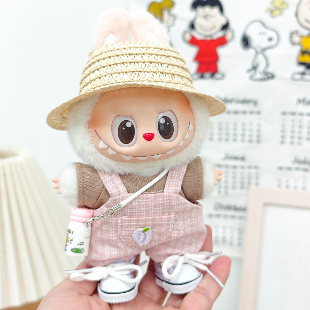 Labubu Doll Summer Outfit Set with Straw Hat & Canvas Shoes