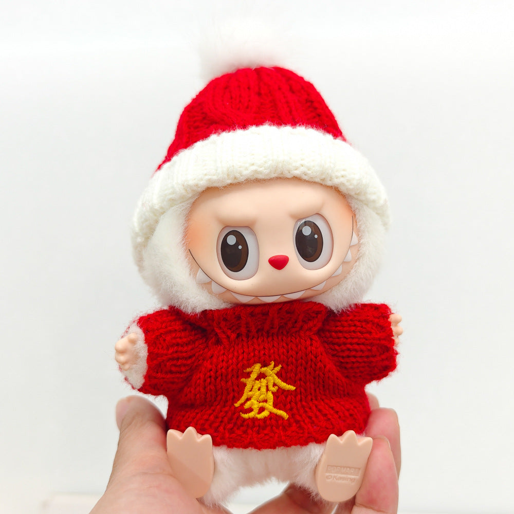 Labubu Doll New Year Red Sweater & Lucky Hat Outfit for 15-17cm Pendant Doll