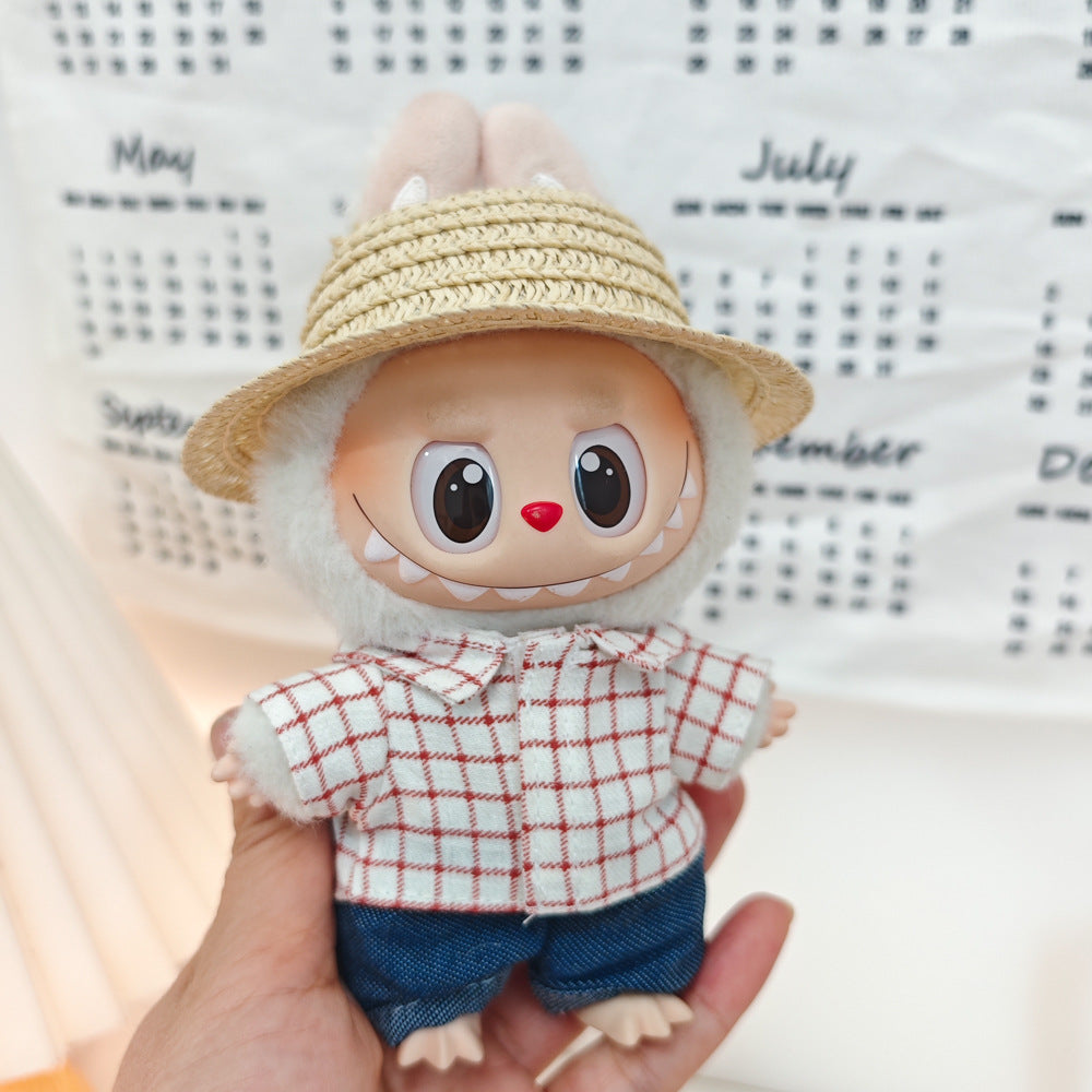 17cm Labubu Doll LABUBU Sit Party Second and Third Generation Vinyl Doll Clothes Plaid Shirt suit Hat