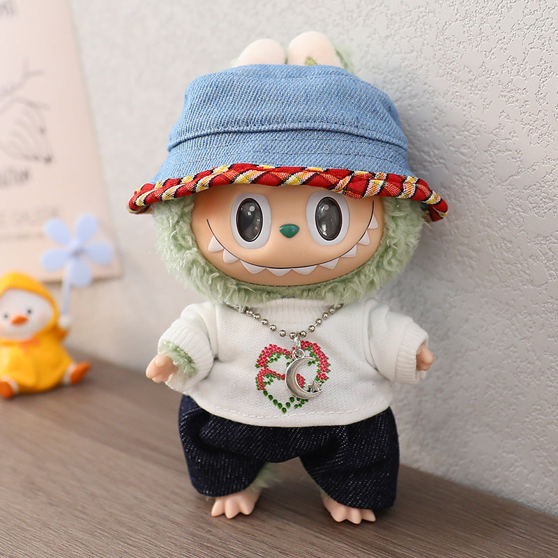 17cm Labubu Baby Coat Macaron Blind Box Sitting Party Generation II Clothes Casual suit Hat