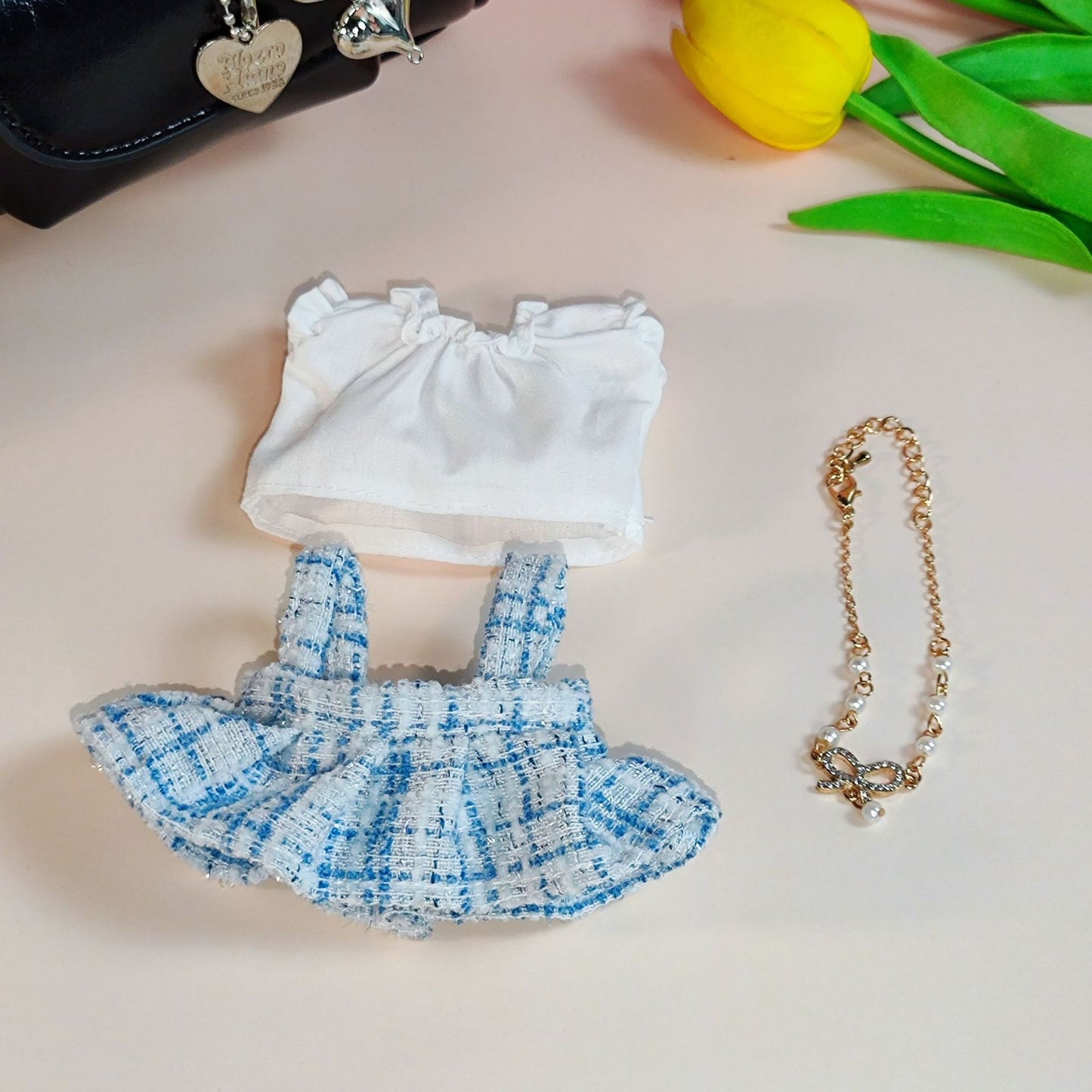 Labubu Doll Dress Outfit - Gold Silk Skirt & Beret for 1st/2nd Gen