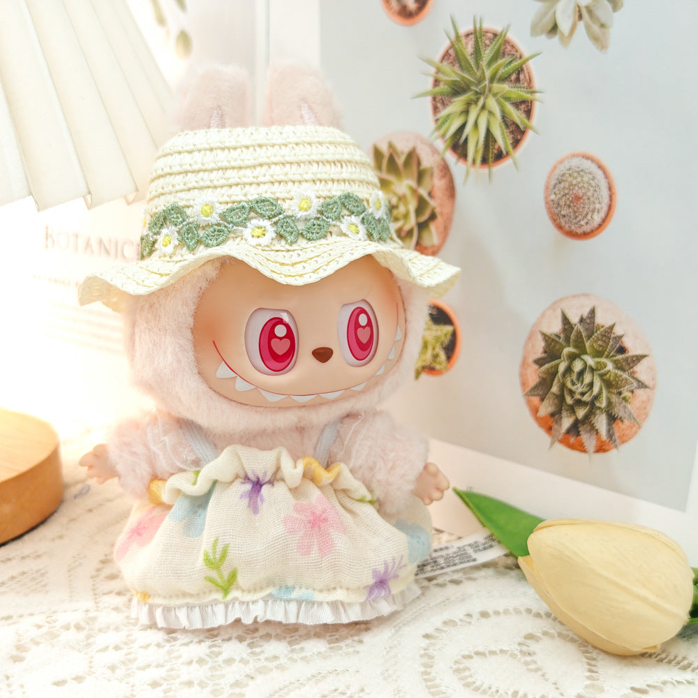 Labubu Doll Floral Dress & Straw Hat Outfit for 1st & 2nd Gen Pendants