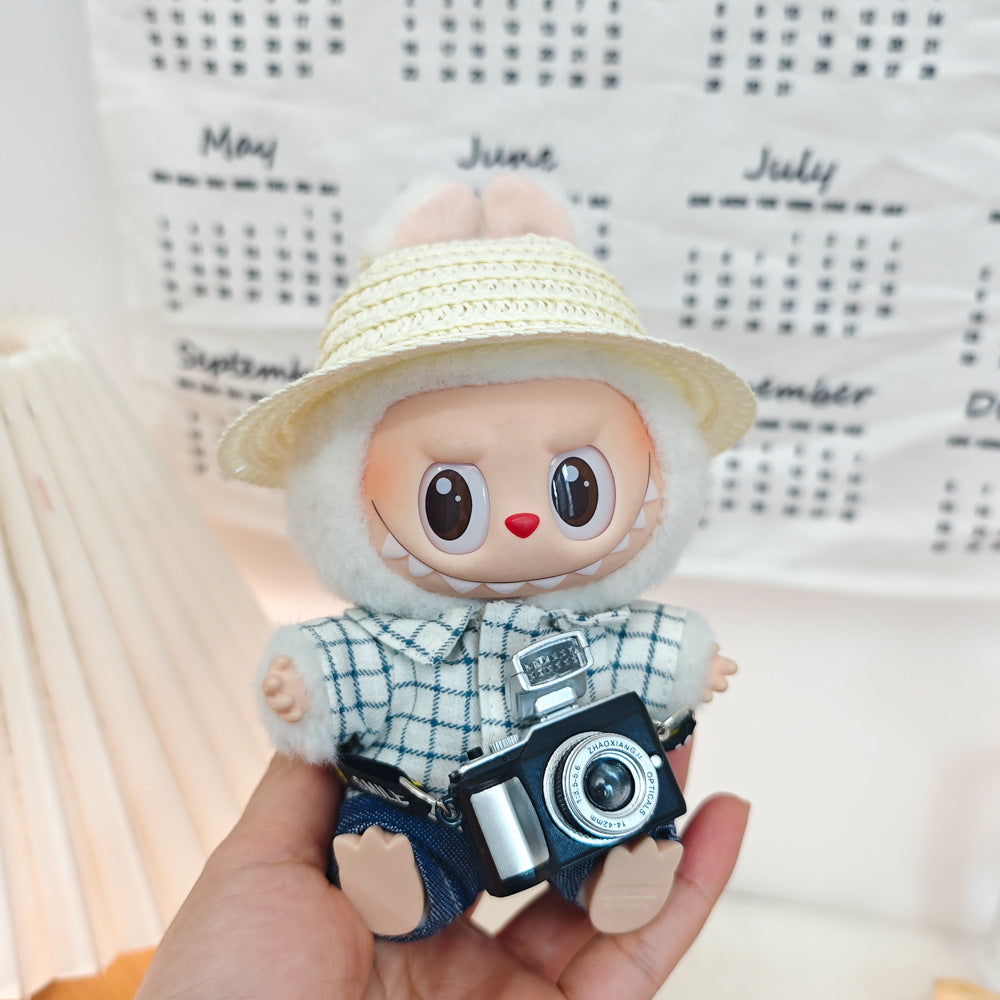 17cm Labubu Doll LABUBU Sit Party Second and Third Generation Vinyl Doll Clothes Plaid Shirt suit Hat