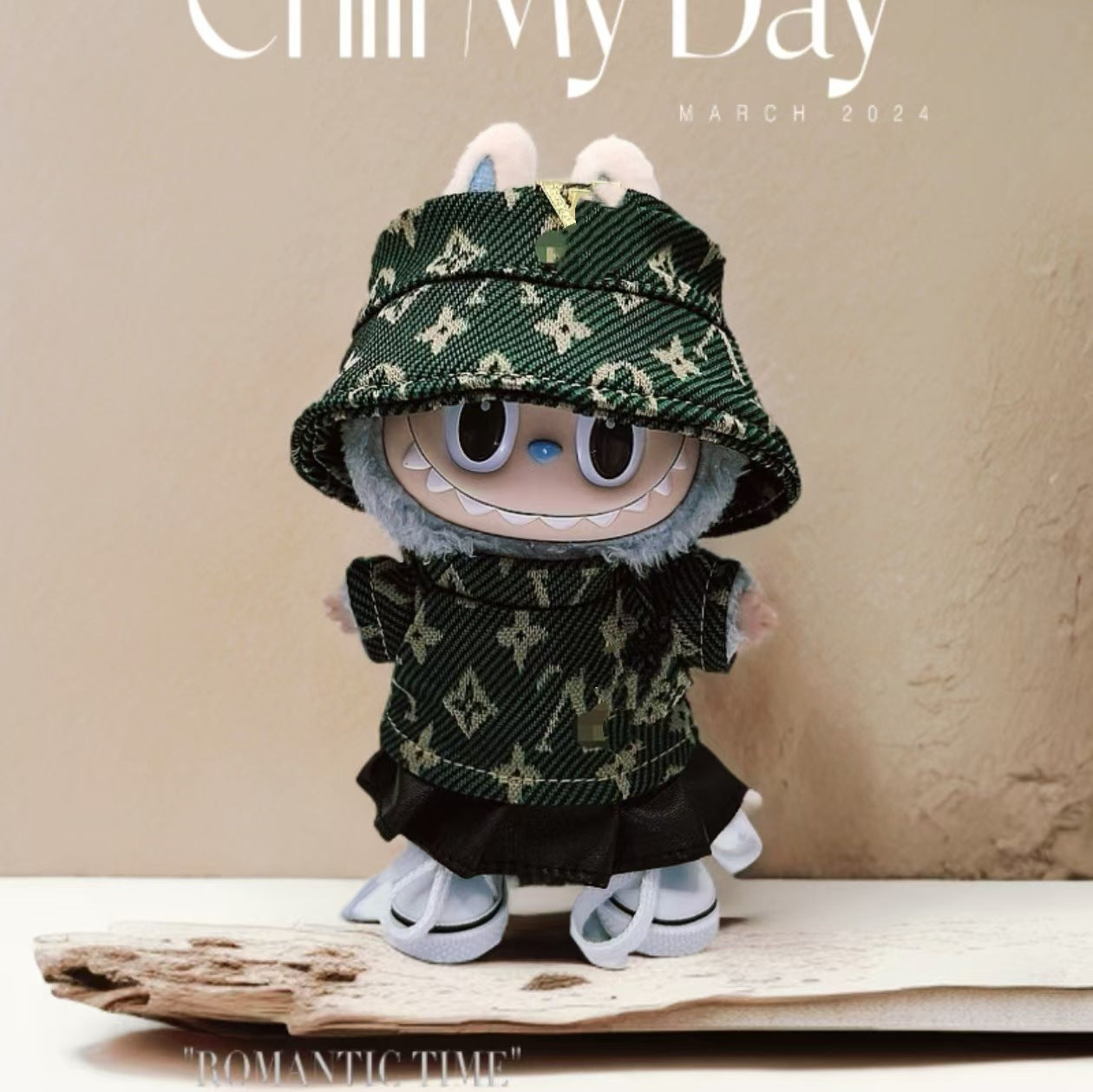 Labubu Doll Outfit - Green & Black Casual Dress Set with Hat & Bag