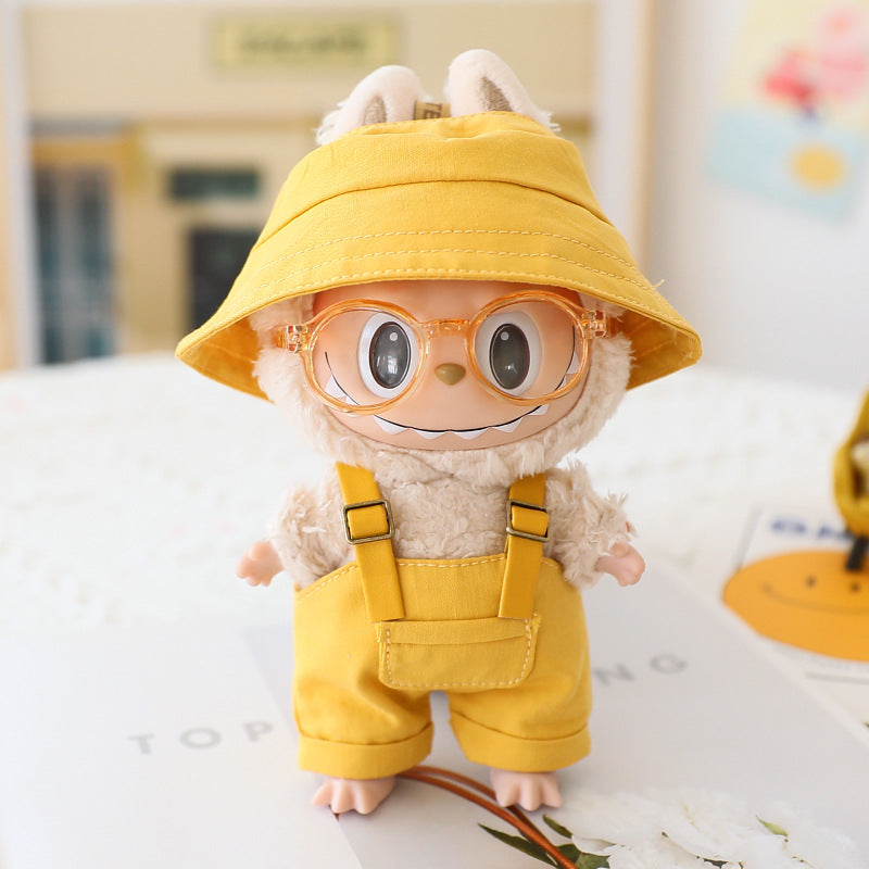 The first and second generation labubu sit party doll clothes the third generation cola vinyl blind box clothes fisherman hat suspenders pants suit