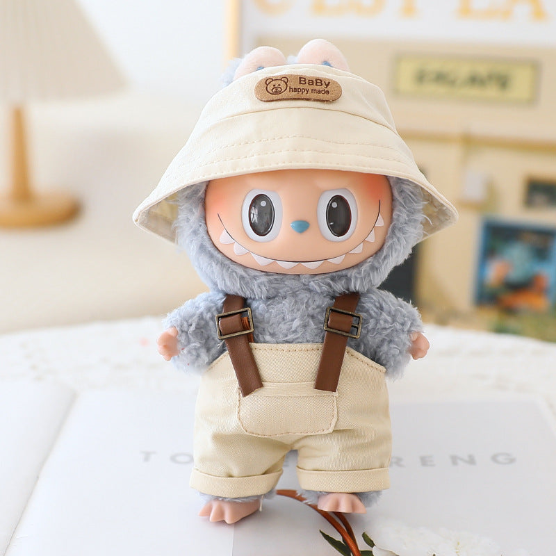 The first and second generation labubu sit party doll clothes the third generation cola vinyl blind box clothes fisherman hat suspenders pants suit