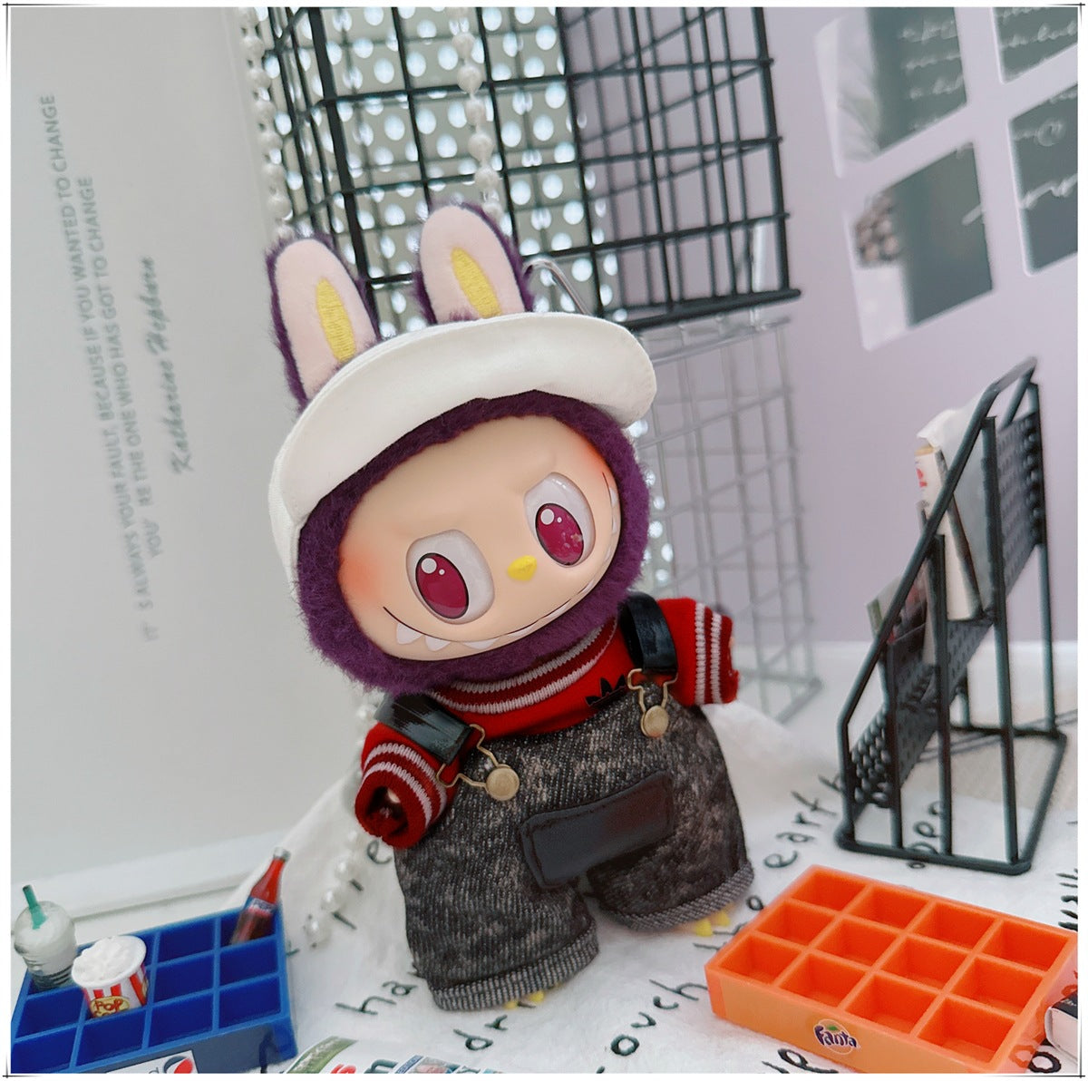 Labubu Doll Outfit - Stylish Denim Overalls & Checkered Bucket Hat for 17cm & 10cm Labubu