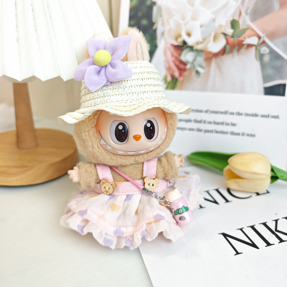 Labubu Doll Summer Outfit with Straw Hat & Accessories for 15cm Vinyl Doll