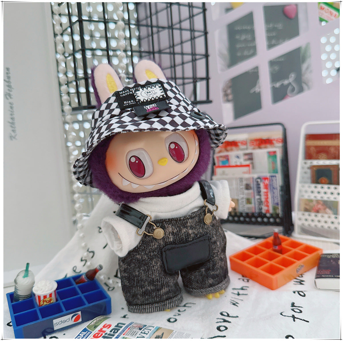 Labubu Doll Outfit - Stylish Denim Overalls & Checkered Bucket Hat for 17cm & 10cm Labubu