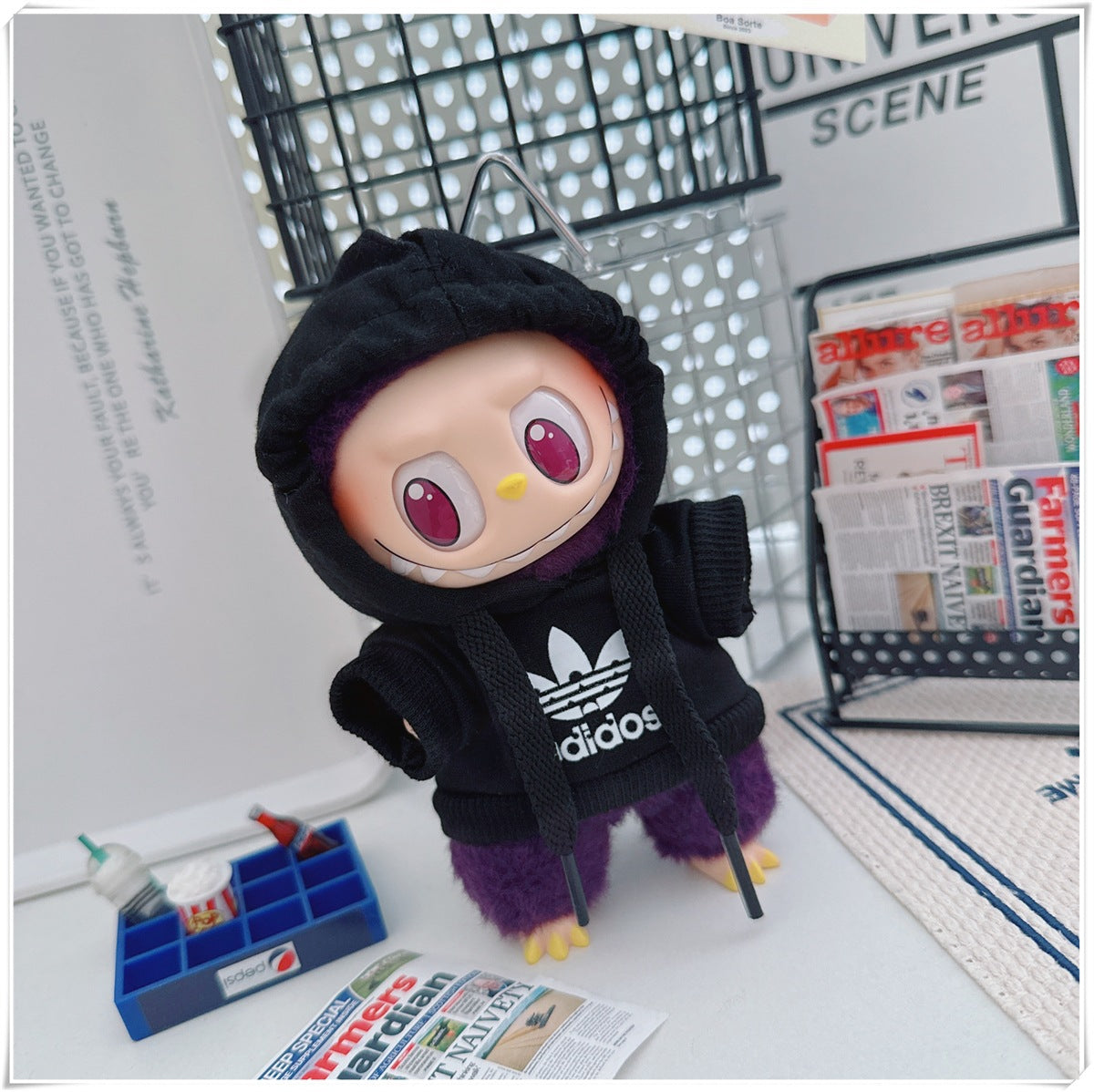 Labubu Doll Outfit - Stylish Denim Overalls & Checkered Bucket Hat for 17cm & 10cm Labubu