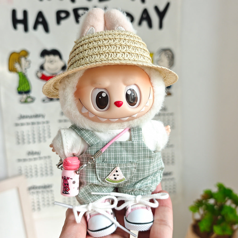Labubu Doll Summer Outfit Set with Straw Hat & Canvas Shoes
