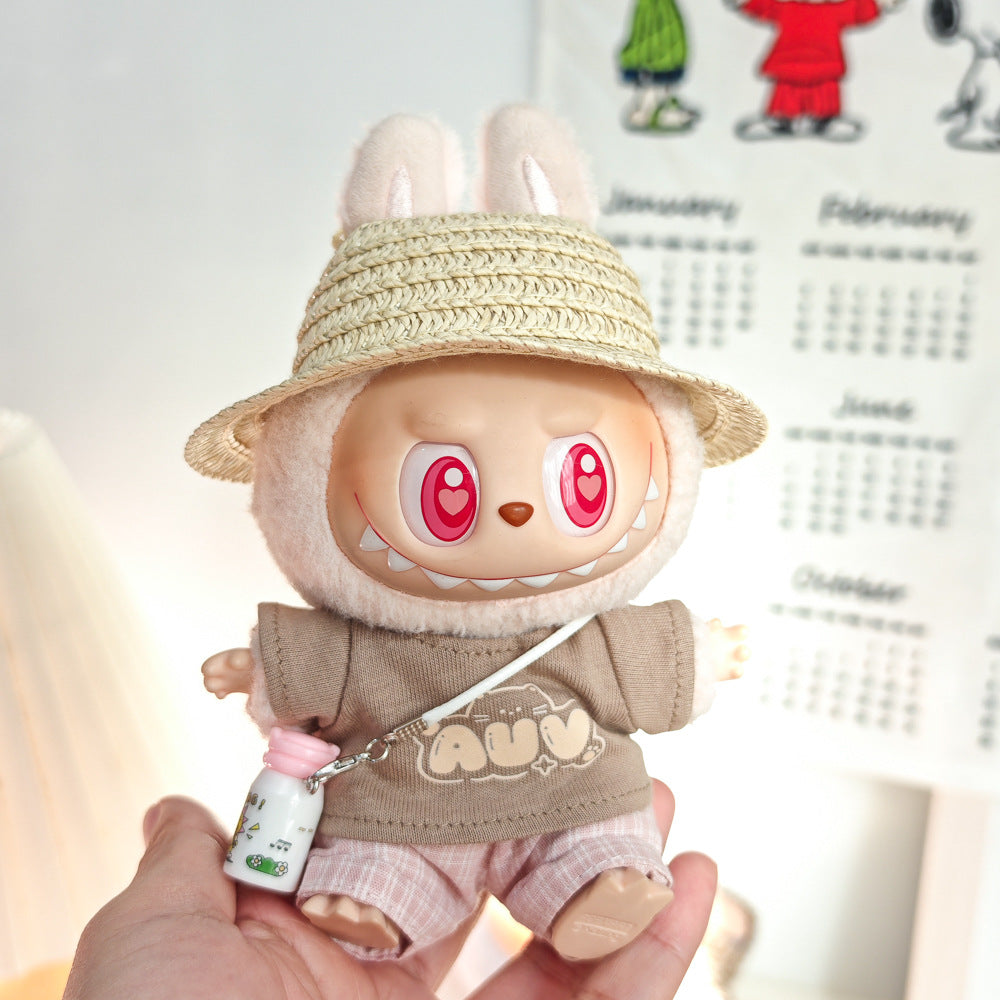 Labubu Doll Summer Outfit Set with Straw Hat & Canvas Shoes