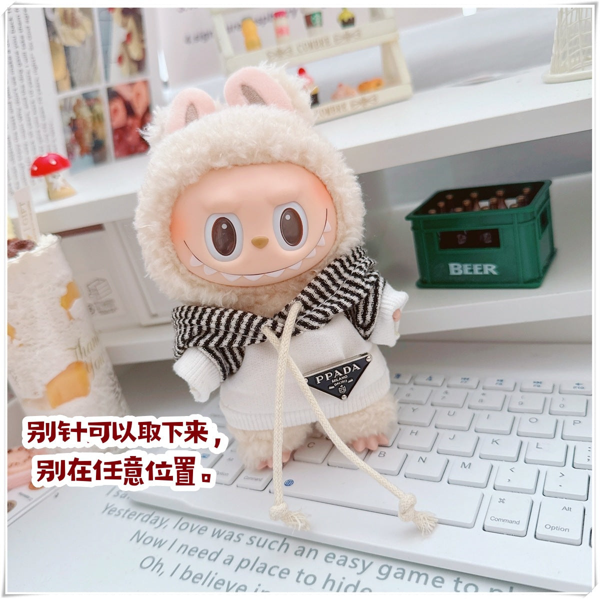 Labubu 17cm Doll Striped Sweatshirt Hoodie - Black & White