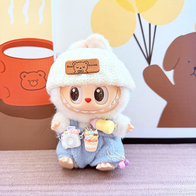 Labubu Doll Overalls Set with Baby Bottle & Hat - Cute Outfit for 1st & 2nd Gen