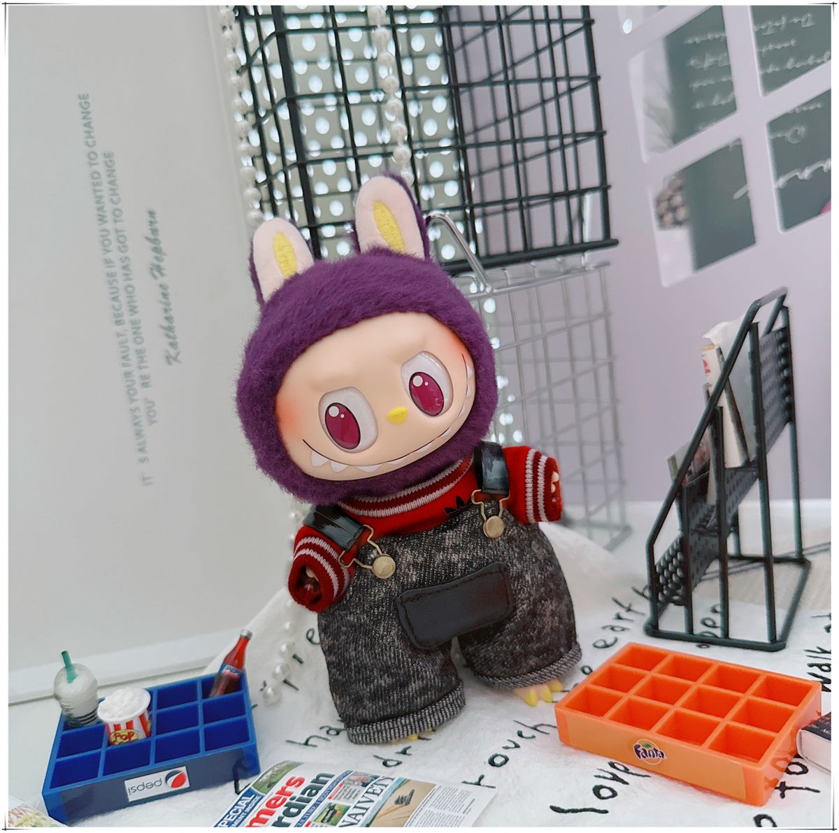 Labubu Doll Outfit - Stylish Denim Overalls & Checkered Bucket Hat for 17cm & 10cm Labubu