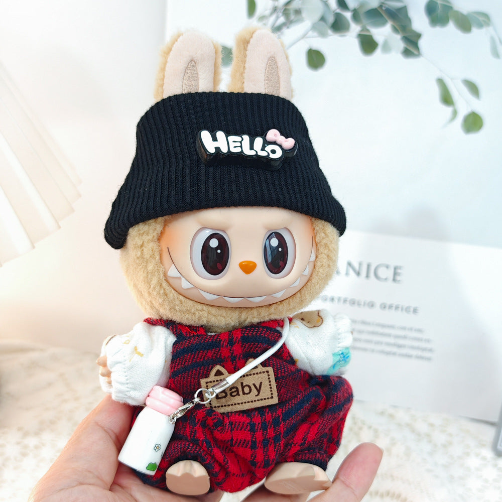 Labubu Doll Outfit - Red Plaid Overalls 3-Piece Set & Accessories