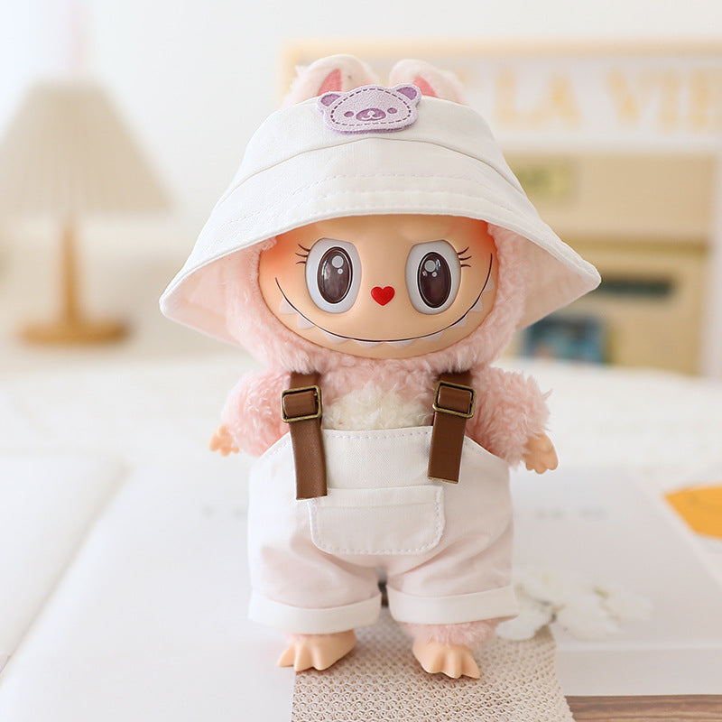 The first and second generation labubu sit party doll clothes the third generation cola vinyl blind box clothes fisherman hat suspenders pants suit