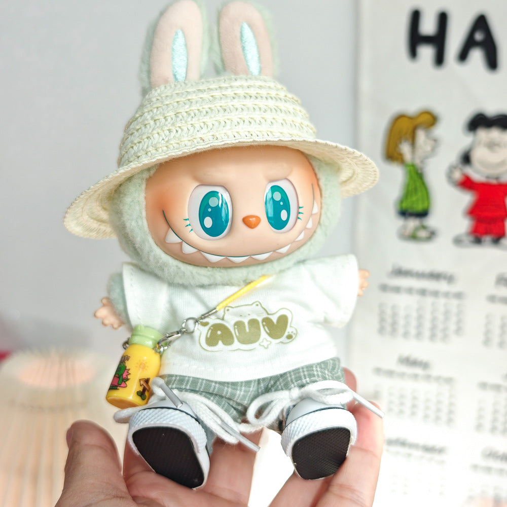 Labubu Doll Summer Outfit Set with Straw Hat & Canvas Shoes