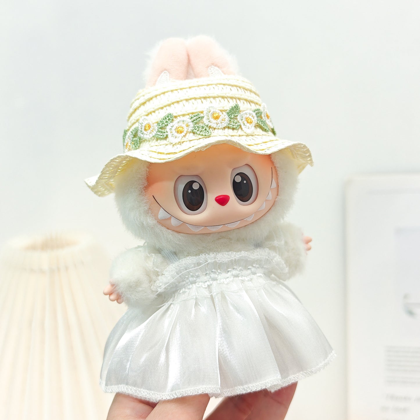 Labubu Doll Outfit - Pink, Purple, White Double Layer Gauze Skirt with Pearl Hair Accessories & Straw Hats