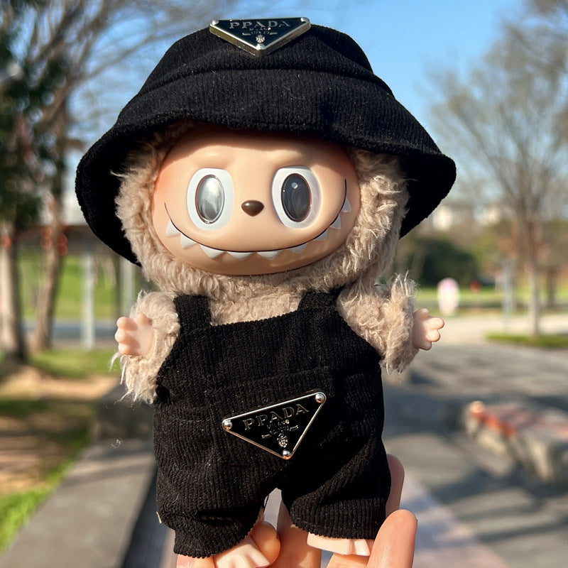 17cm Labubu First and Second Generation Labubu Sitting Party Vinyl Doll Big Brand Overalls Hat Set Replacement