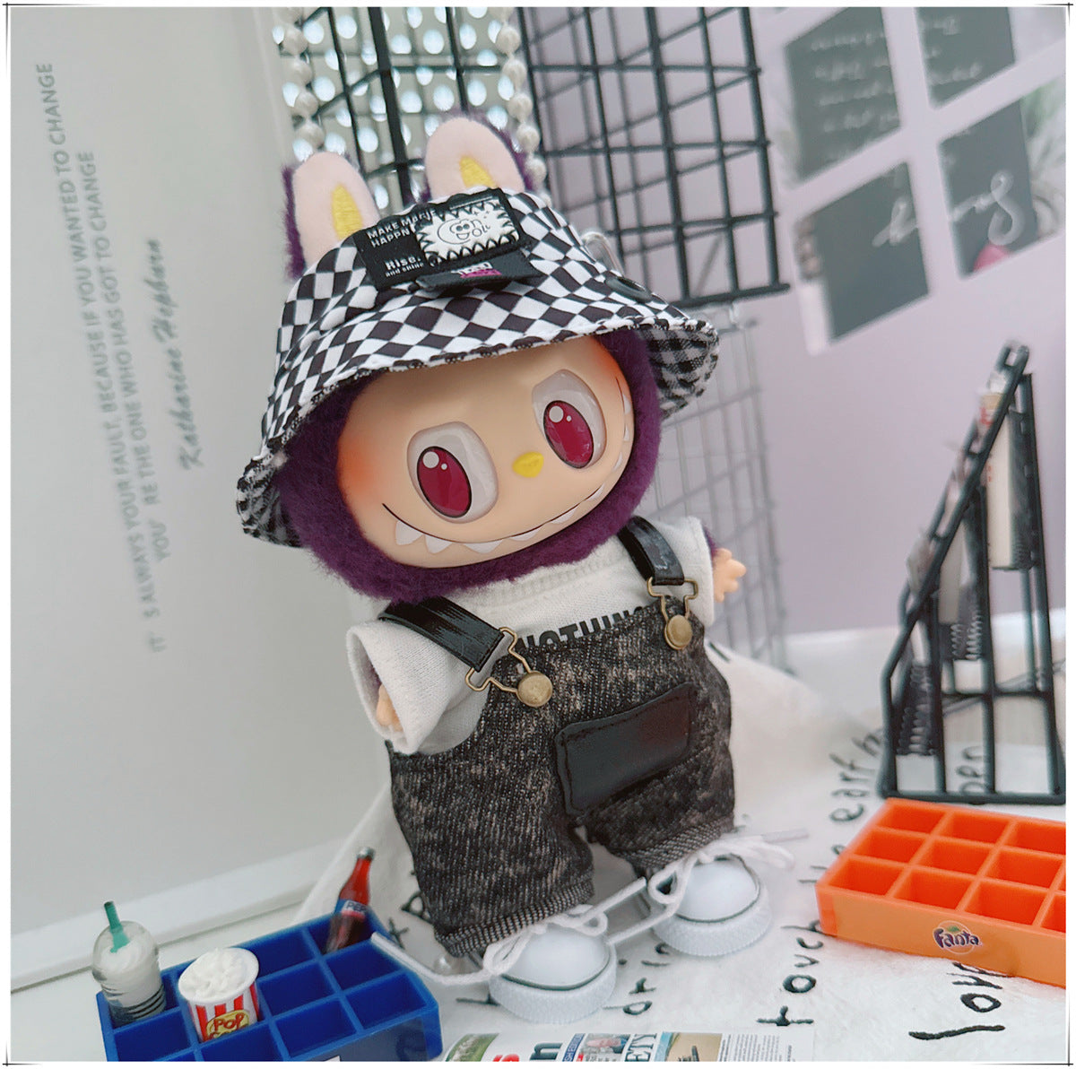 Labubu Doll Outfit - Stylish Denim Overalls & Checkered Bucket Hat for 17cm & 10cm Labubu