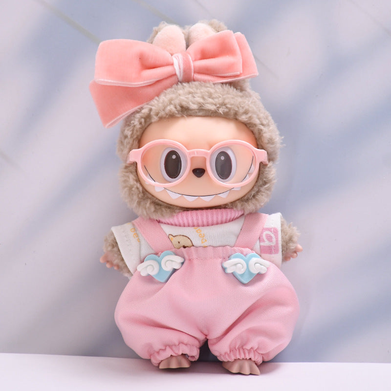 Labubu Doll Love Cloud Overalls Suit with Pink Glasses & White Shoes